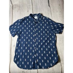 Cactus Man Pineapple Print Button Down Shirt Men XL Navy Blue Tropical Summer